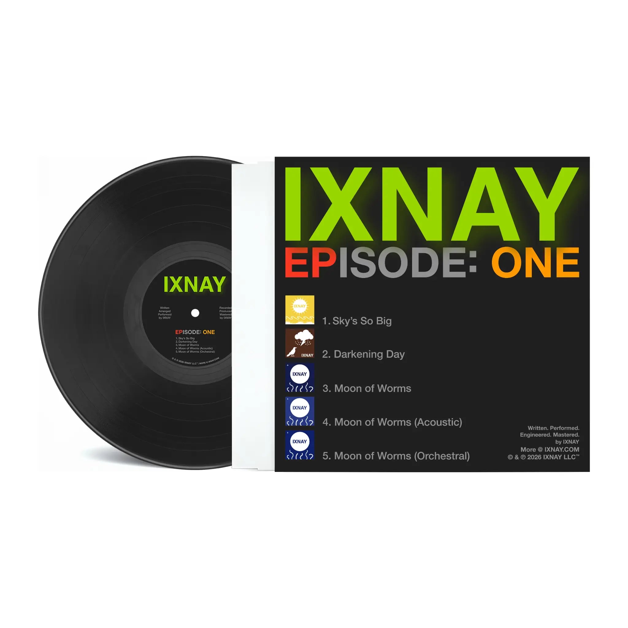 Vinyl record and its back cover with 'IXNAY' branding on a white background