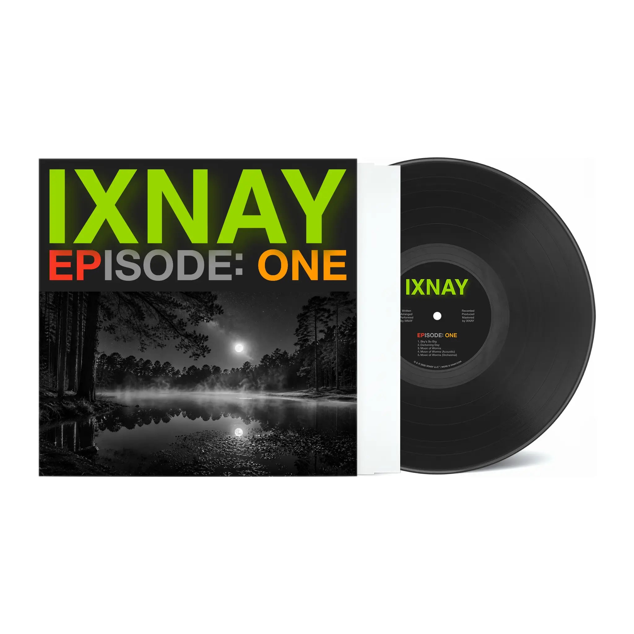 Vinyl record and cover with 'IXNAY Episode One' text and black and white landscape design.