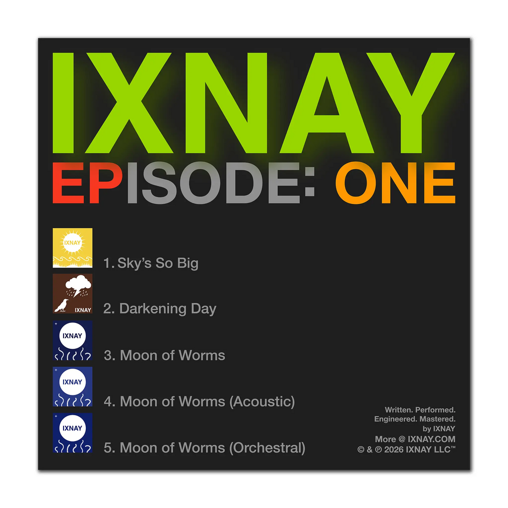 Album back cover for 'IXNAY Episode One' with tracklist on a dark gray background.