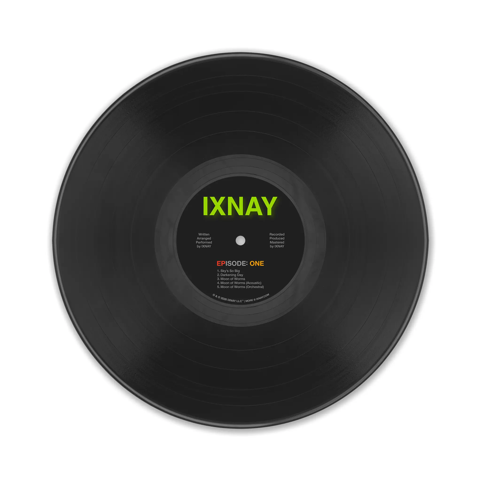 IXNAY EPISODE: ONE black vinyl record with 'IXNAY' branding and tracklist on a white background