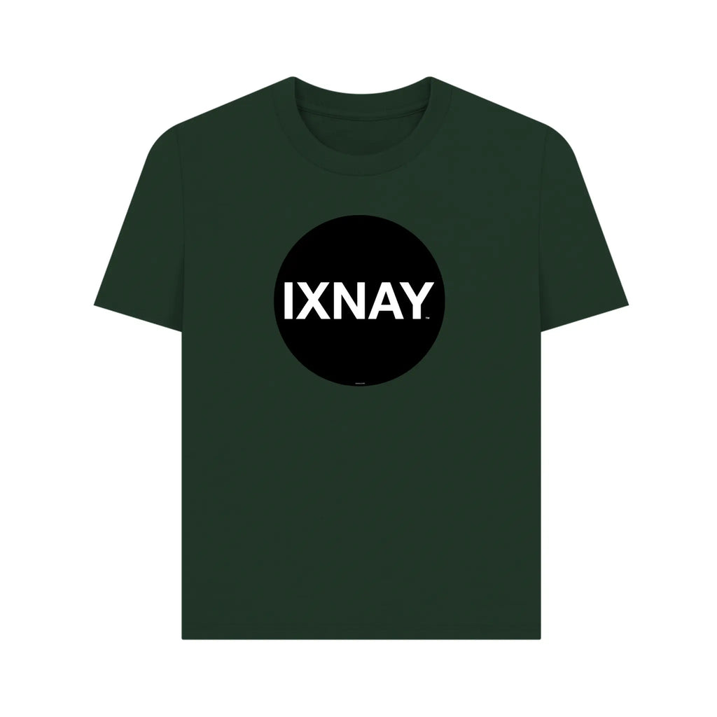 Women's short-sleeve green t-shirt with 'IXNAY' original black circle logo in 100% organic cotton.