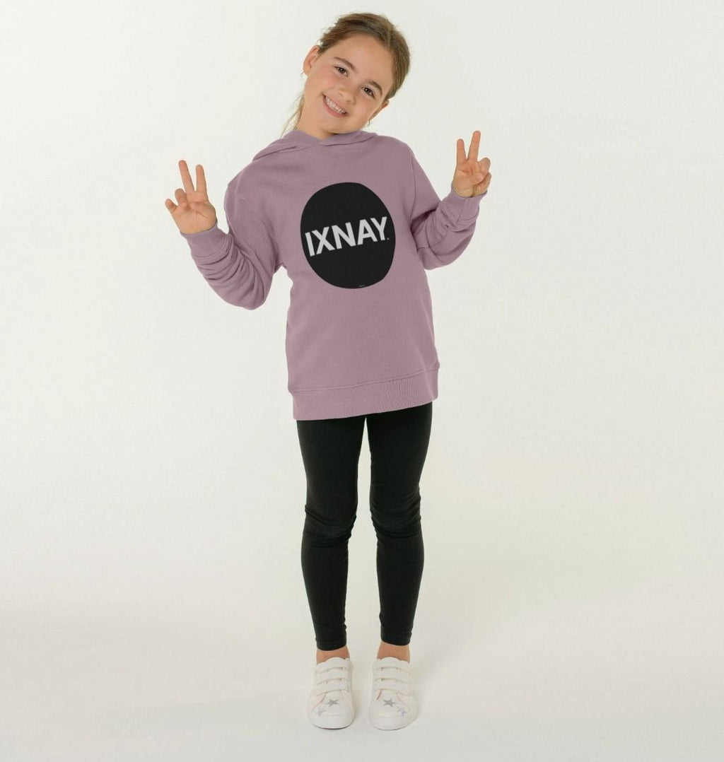 Girls smiling giving peace signs with both hands while wearing kids mauve pink organic relaxed fit pullover hoodie with original black round IXNAY logo