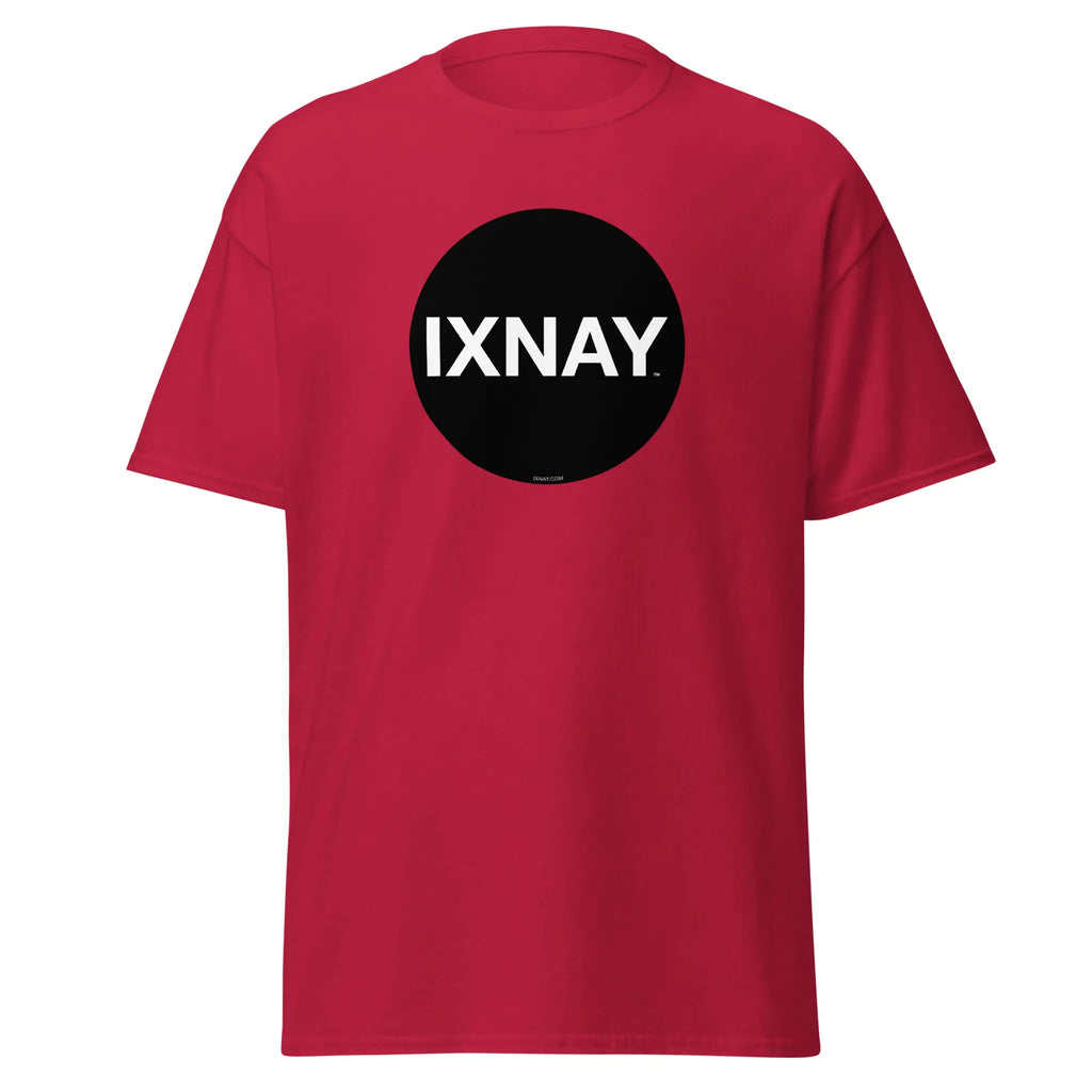 Red t-shirt in cardinal red, with a circular black logo that has the word 'IXNAY' in white.