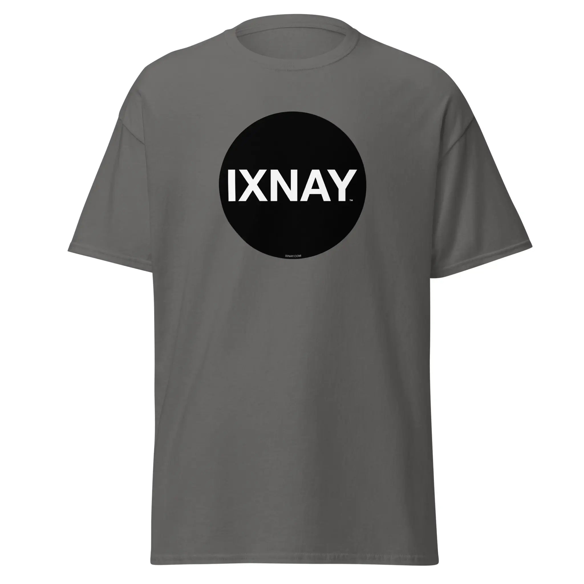 Gray t-shirt in charcoal gray, with a circular black logo that has the word 'IXNAY' in white.