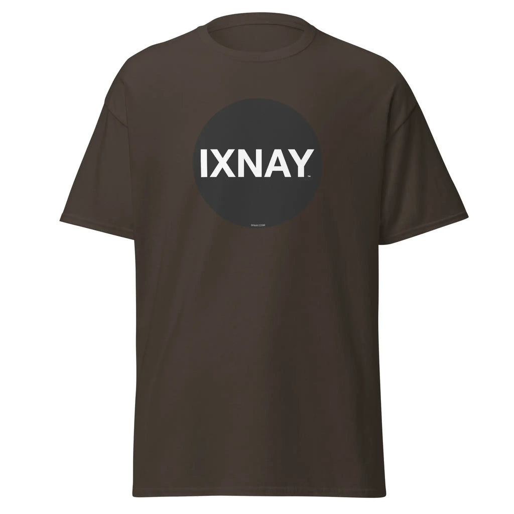 Brown t-shirt in dark chocolate brown, with a circular black logo that has the word 'IXNAY' in white.
