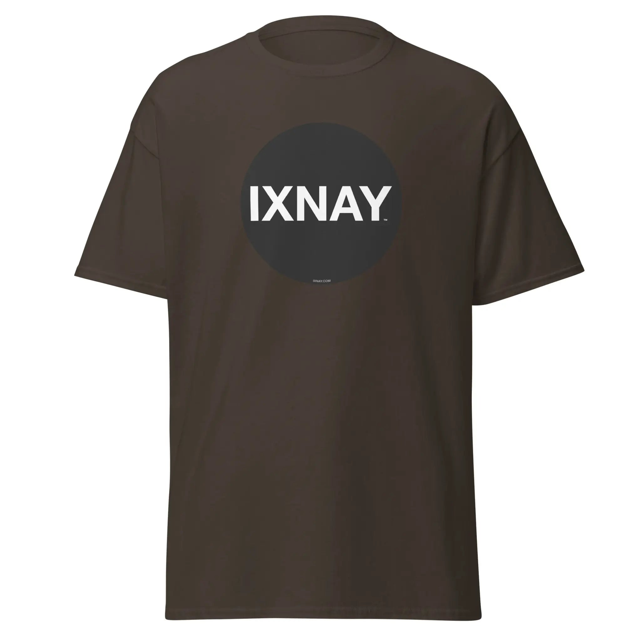Brown t-shirt in dark chocolate brown, with a circular black logo that has the word 'IXNAY' in white.