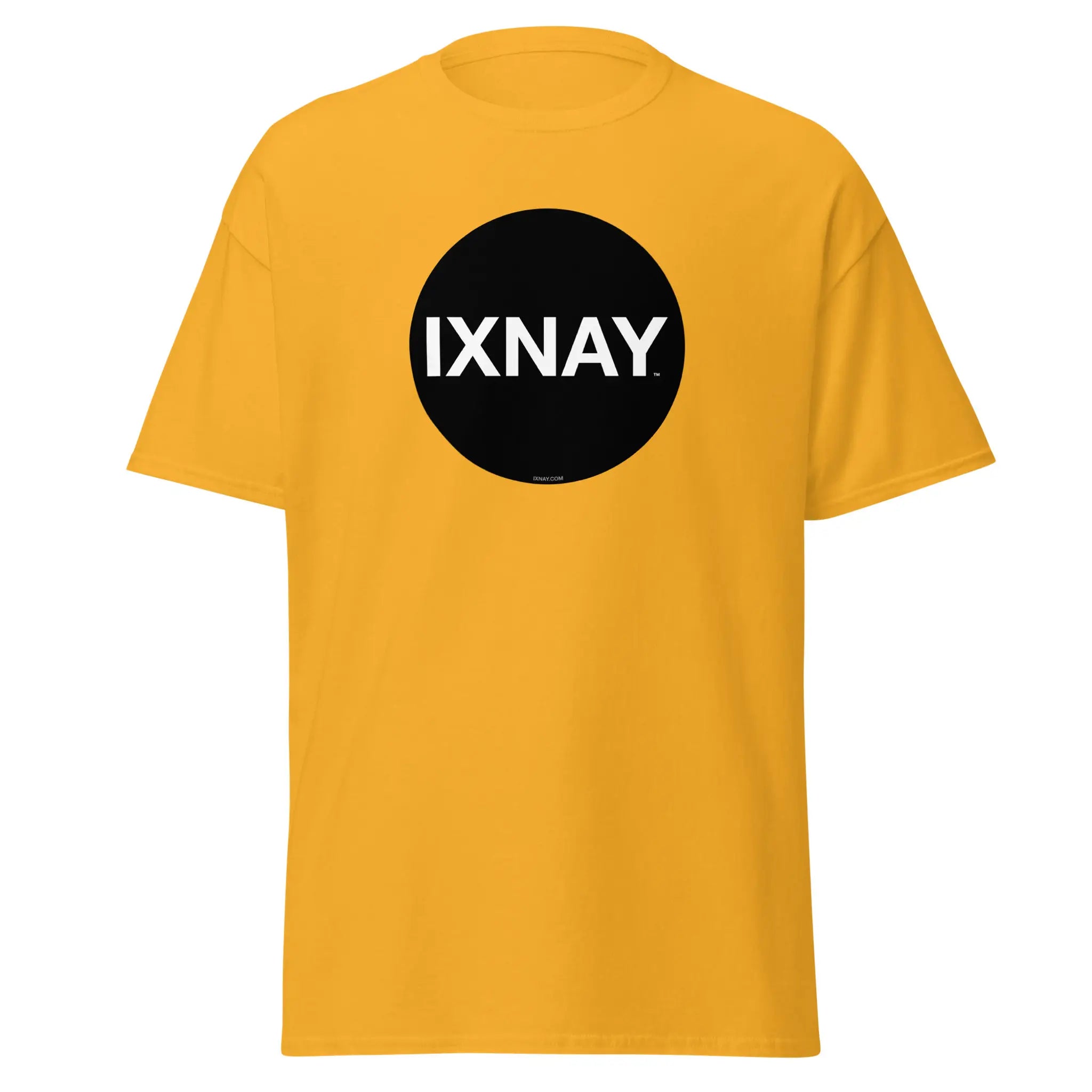 Yellow t-shirt in gold, with a circular black logo that has the word 'IXNAY' in white.