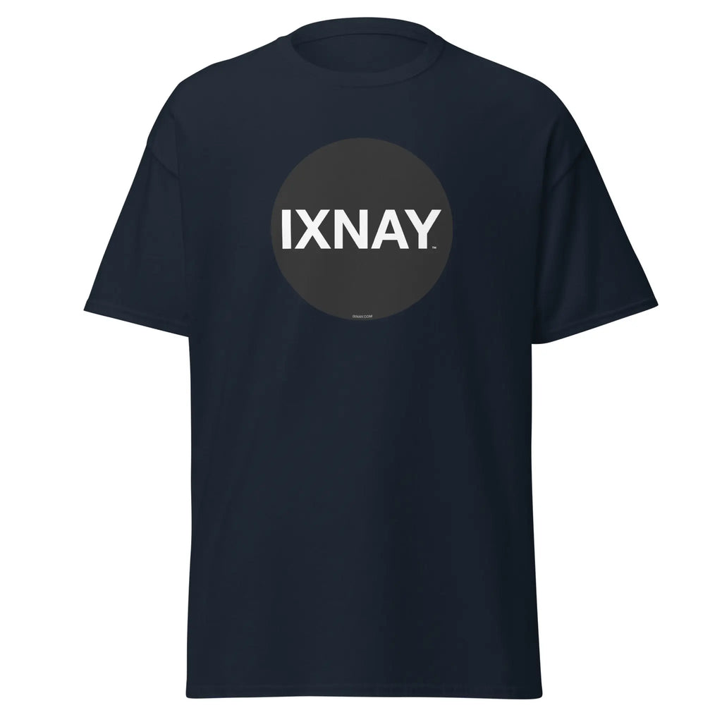 Navy t-shirt in navy blue, with a circular black logo that has the word 'IXNAY' in white.