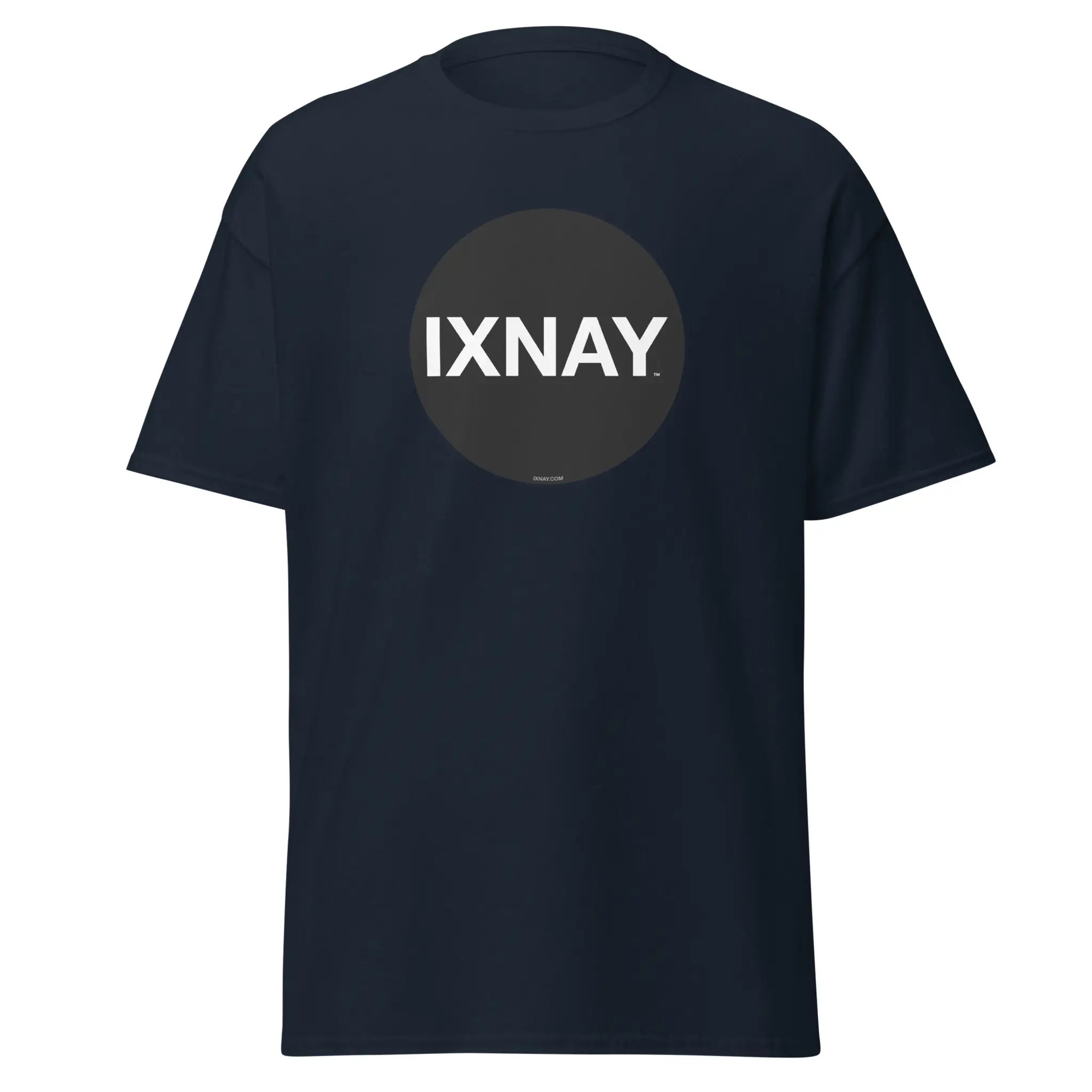 Navy t-shirt in navy blue, with a circular black logo that has the word 'IXNAY' in white.