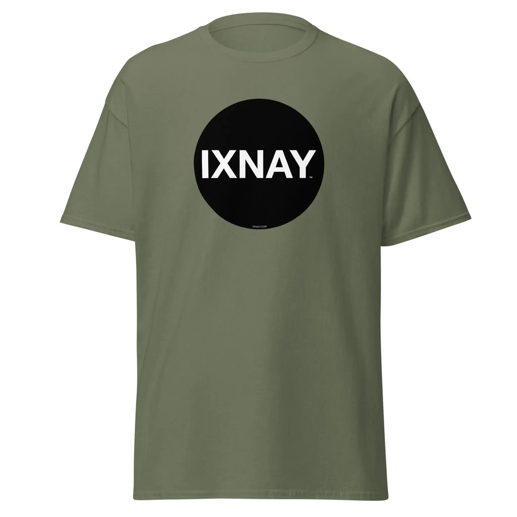 Green t-shirt in olive green, with a circular black logo that has the word 'IXNAY' in white.