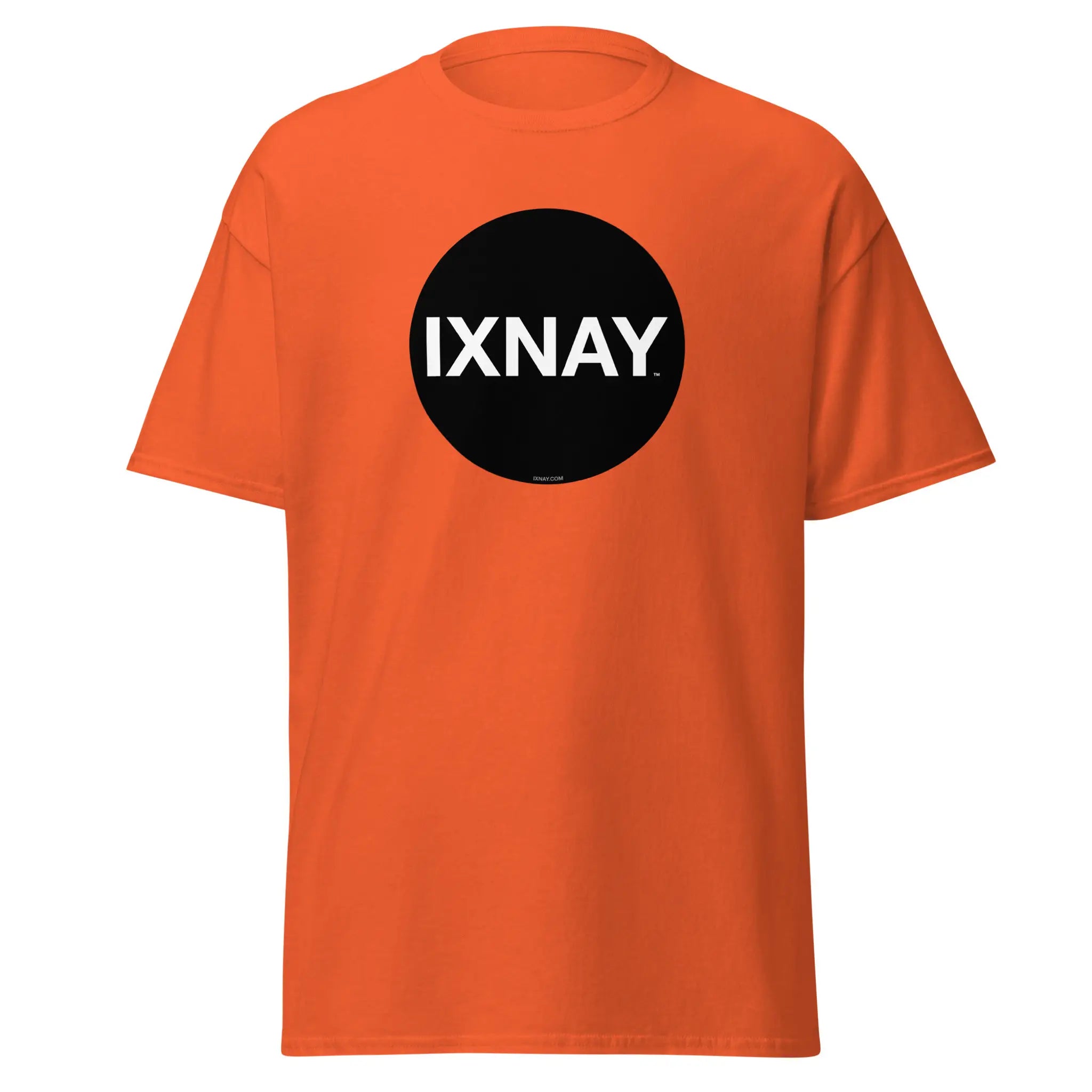 Orange t-shirt, with a circular black logo that has the word 'IXNAY' in white.