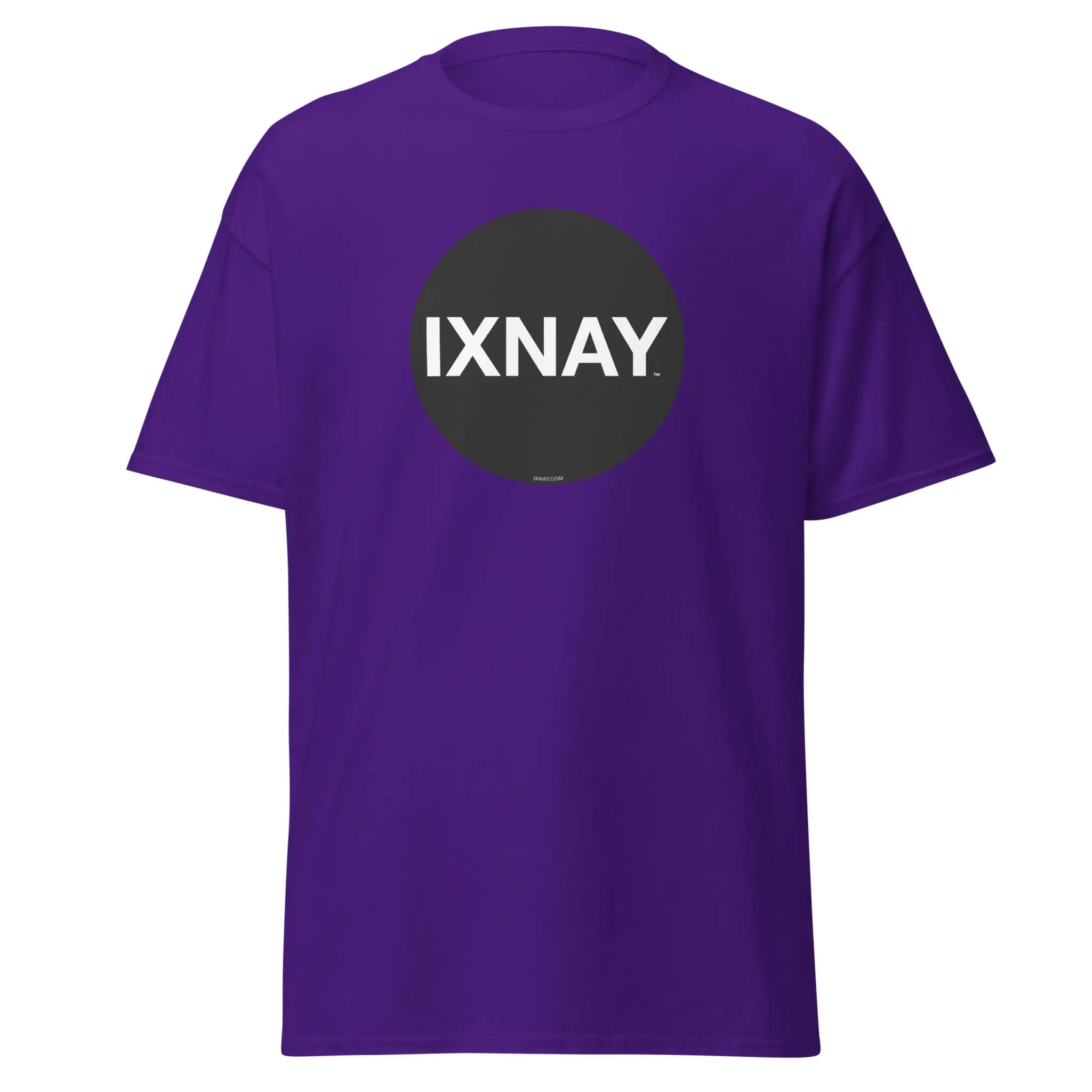 Purple t-shirt, with a circular black logo that has the word 'IXNAY' in white.