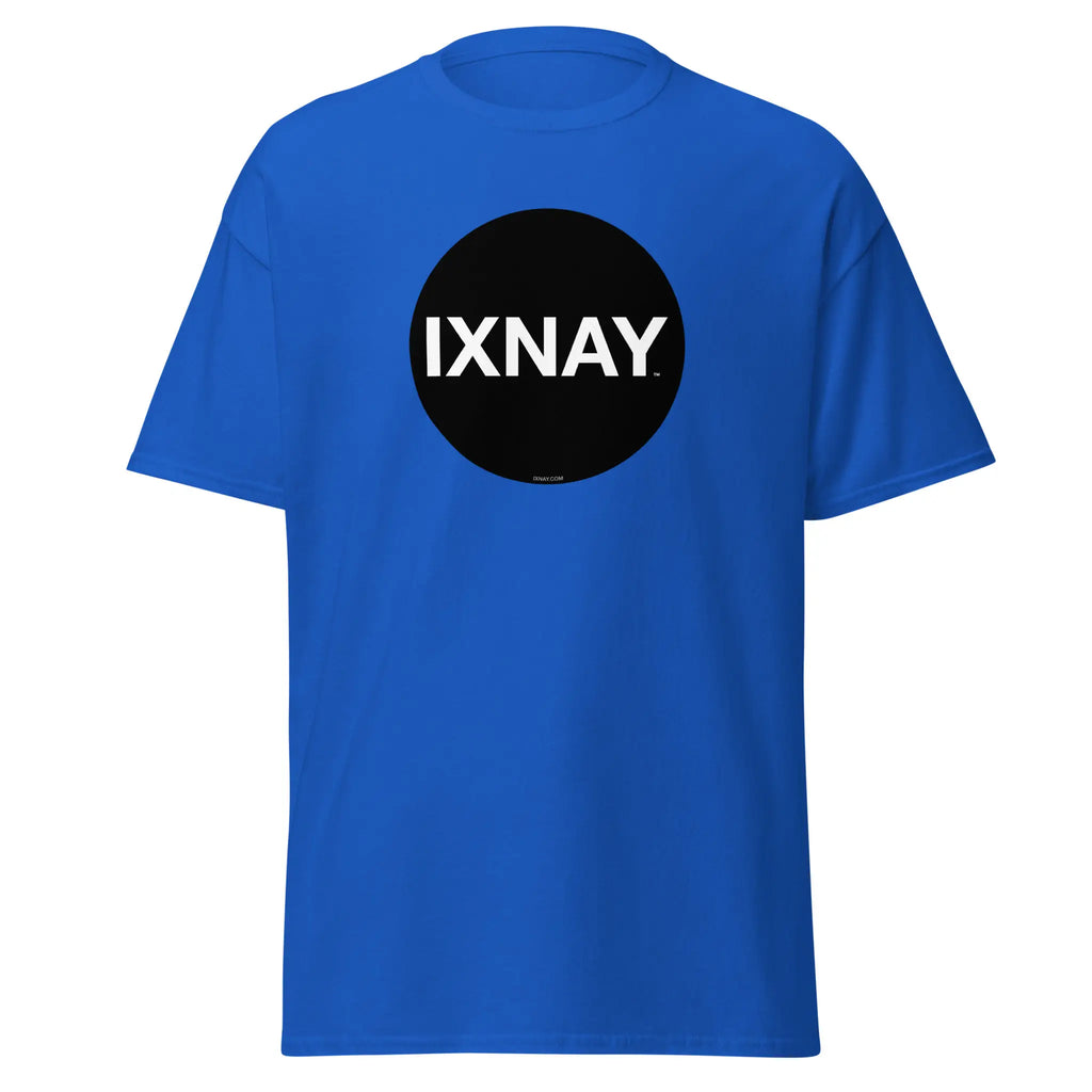Blue t-shirt in royal blue, with a circular black logo that has the word 'IXNAY' in white.