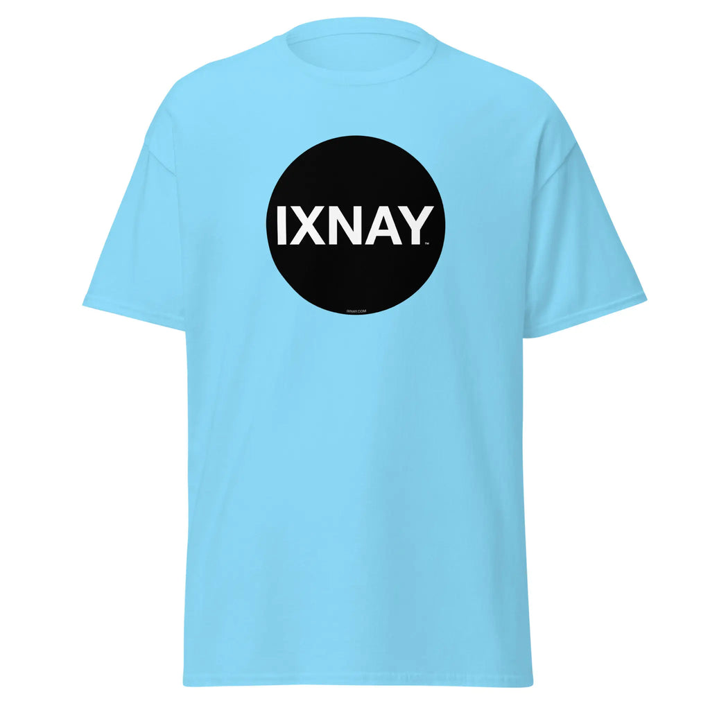 Light blue t-shirt in sky blue, with a circular black logo that has the word 'IXNAY' in white.