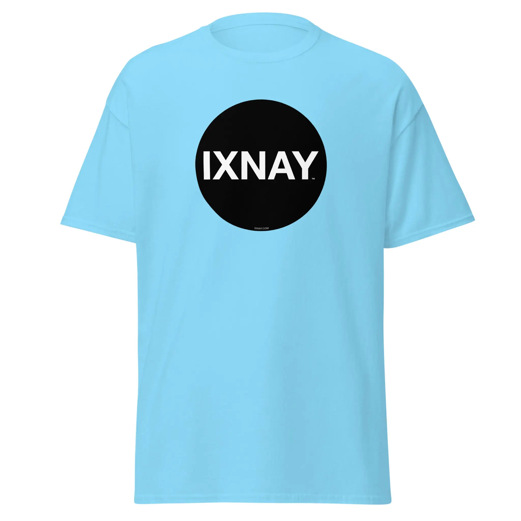 Light blue t-shirt in sky blue, with a circular black logo that has the word 'IXNAY' in white.