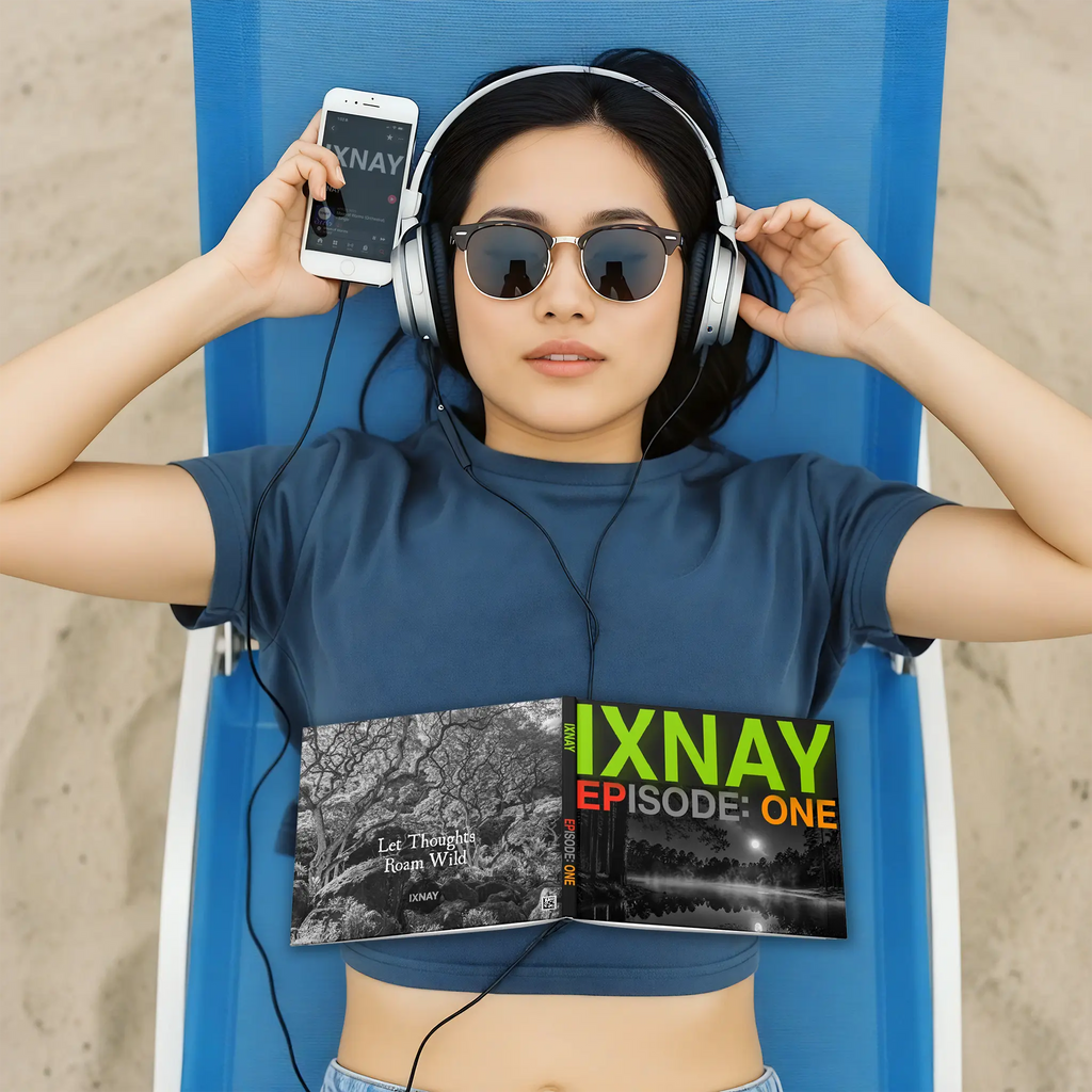 Woman wearing headphones and sunglasses, holding a phone with 'IXNAY' playing on Apple music  sitting on a blue chair reading a copy of  IXNAY EPISODE: ONE Collector's Edition hardcover.