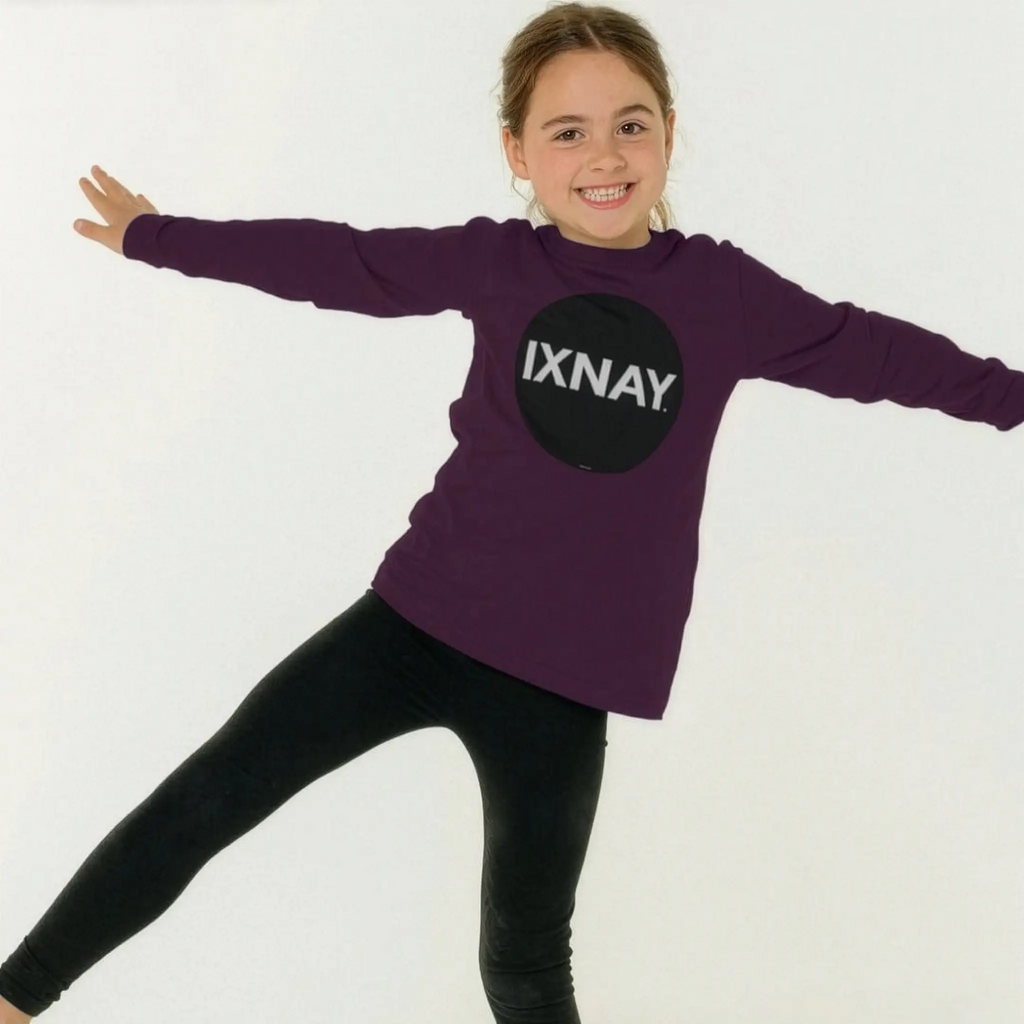 Kid dances wearing IXNAY Kids 100% Organic Cotton Long-Sleeve T-Shirt Original Logo - Purple.