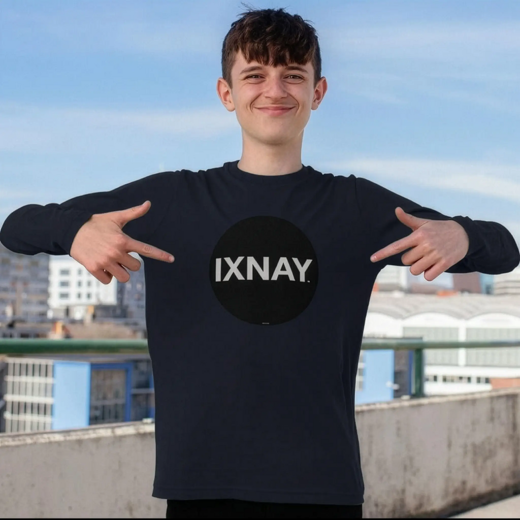 Kid showing off his IXNAY Kids 100% Organic Cotton Long-Sleeve T-Shirt Original Logo - Navy Blue.