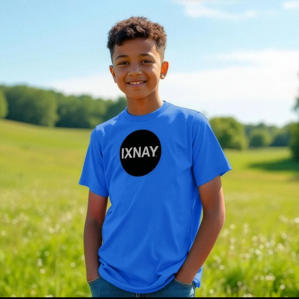 Young boy wearing IXNAY Kids 100% Organic Cotton T-Shirt Original Logo - Bright Blue.