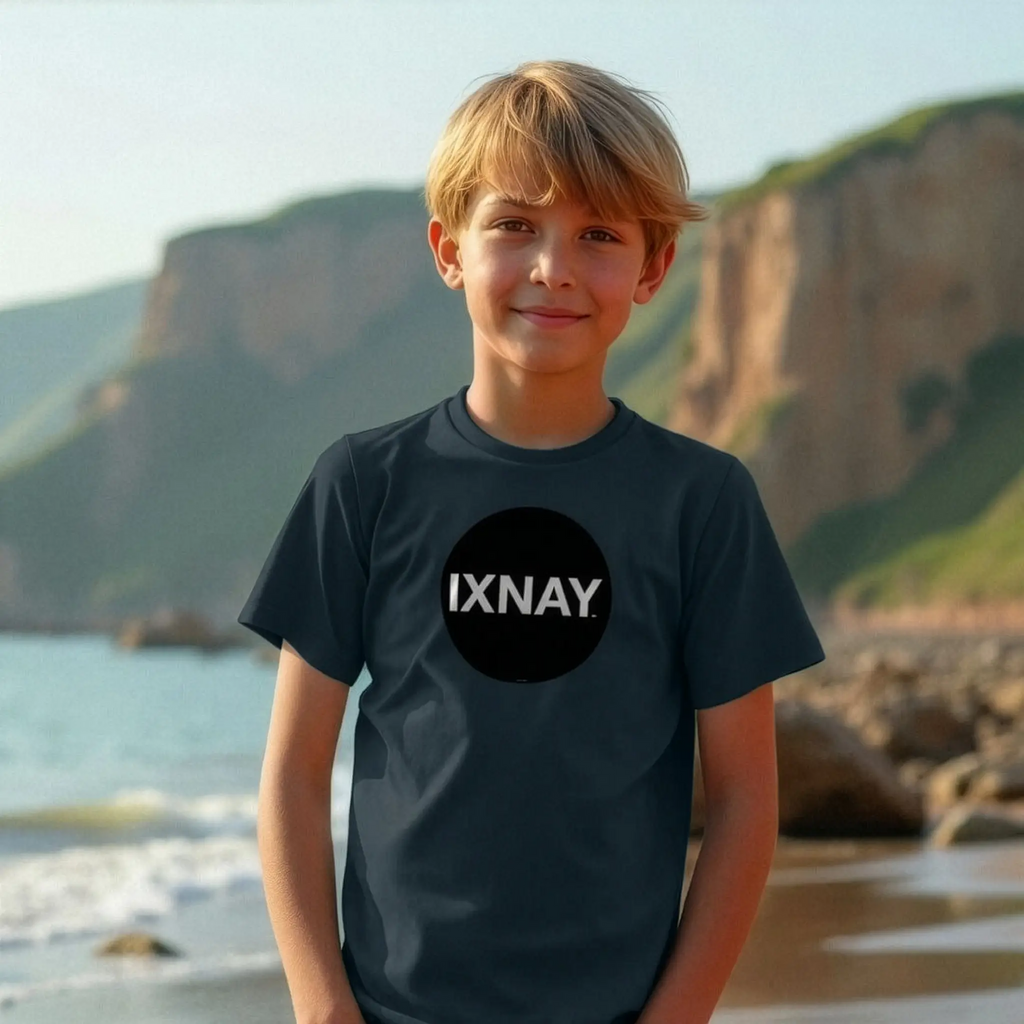 Young boy wearing IXNAY Kids 100% Organic Cotton T-Shirt Original Logo - Dark Denim Blue.