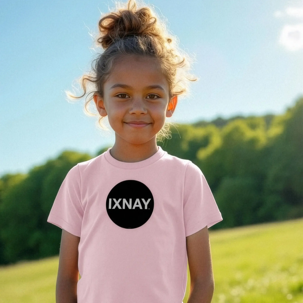 Young girl wearing IXNAY Kids 100% Organic Cotton T-Shirt Original Logo - Light Pink.