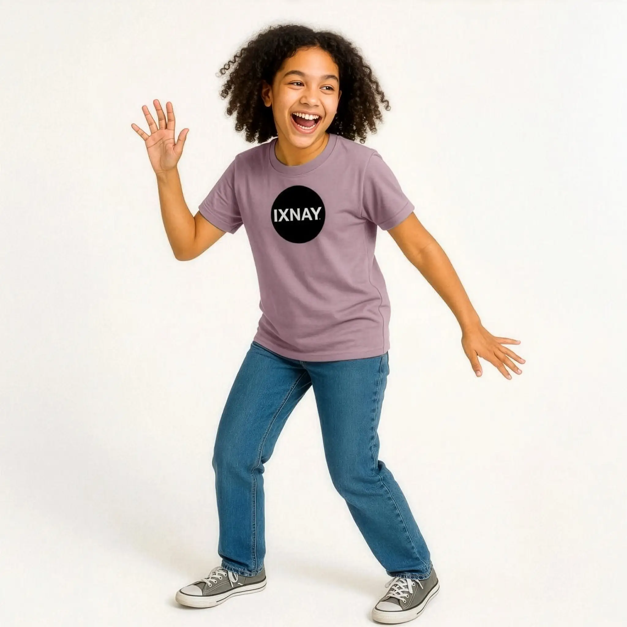 Young girl wearing IXNAY Kids 100% Organic Cotton T-Shirt Original Logo - Mauve Pink.