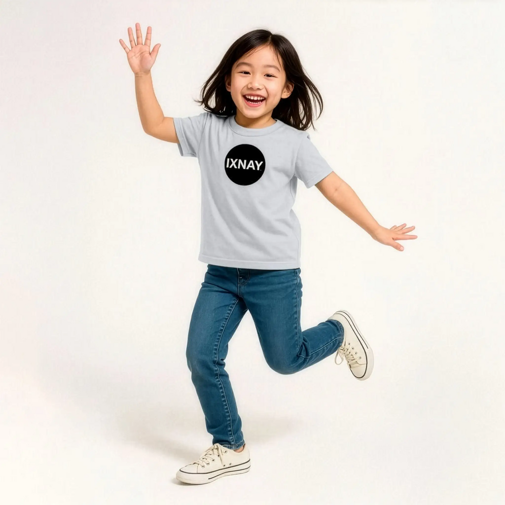 Young girl dancing for joy wearing IXNAY Kids 100% Organic Cotton T-Shirt Original Logo - White.
