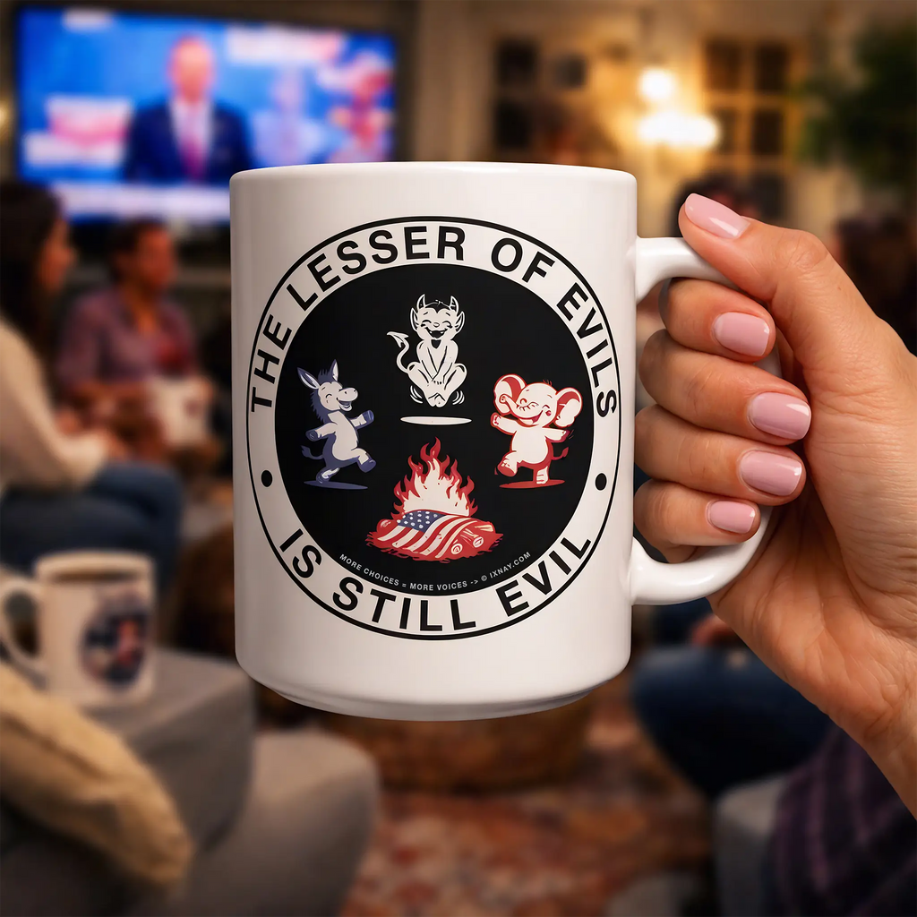 The Lesser of Evils is Still Evil graphic on white ceramic mug at an election watch party.