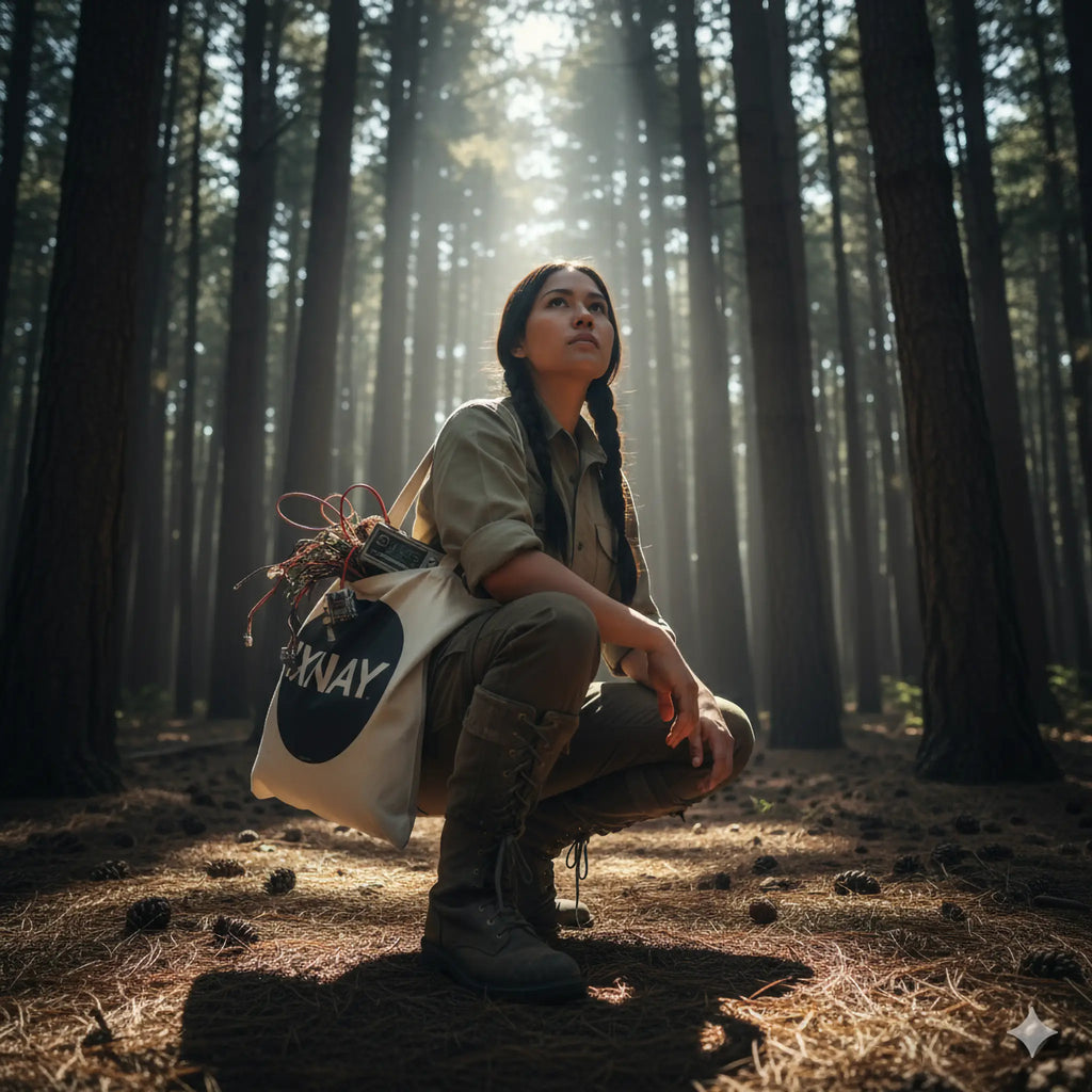 Woman sneaking anti-surveillance gear in a 100% natural cotton IXNAY original logo tote bag in while evading drones deep in a pine forest.