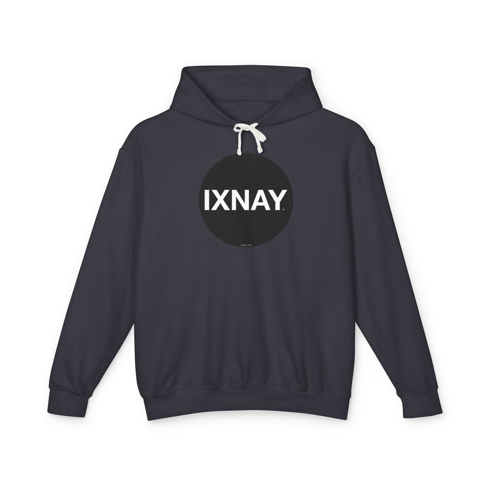 A product shot of a black hoodie, with a circular black logo that has the word 'IXNAY' in white.