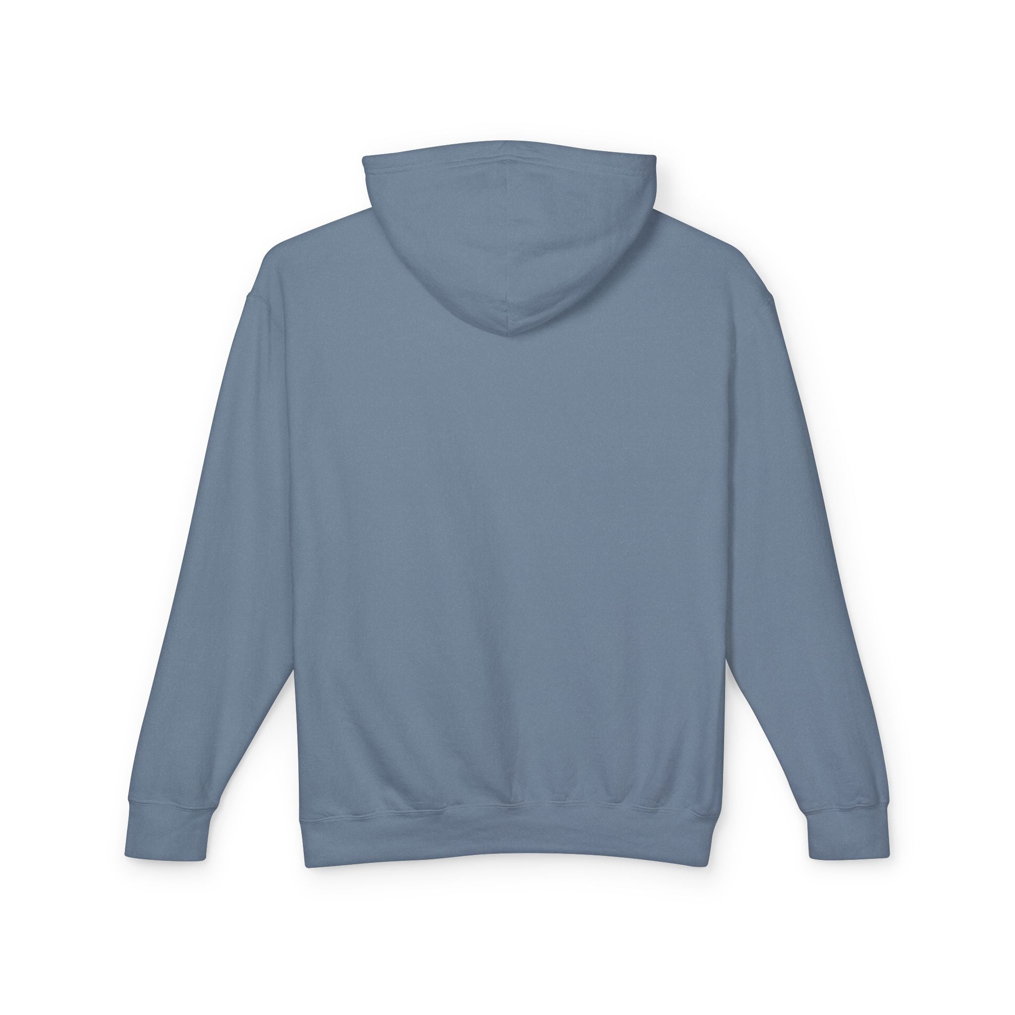 A product shot of the back of a blue hoodie in blue jean.