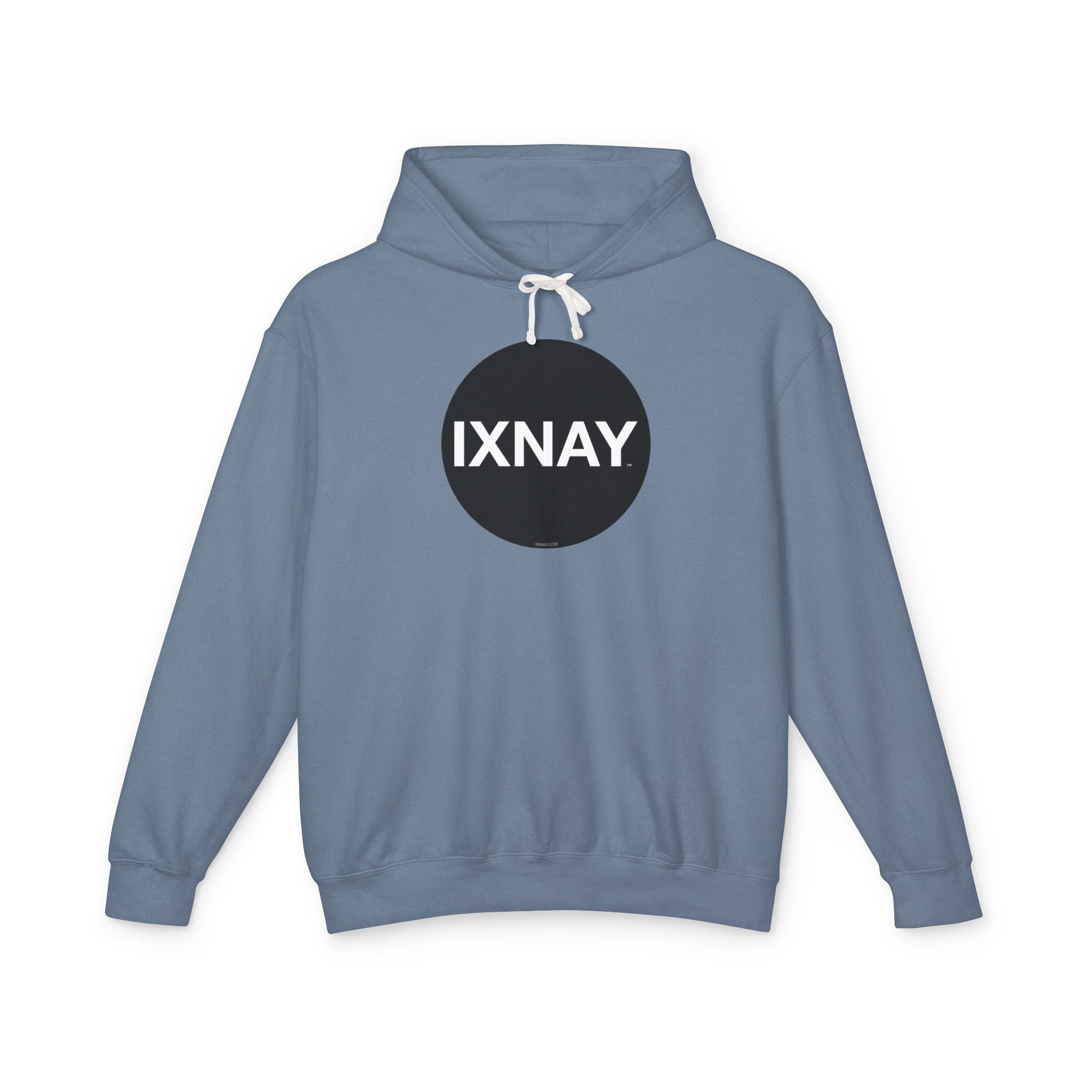A product shot of a blue hoodie in blue jean, with a circular black logo that has the word 'IXNAY' in white.