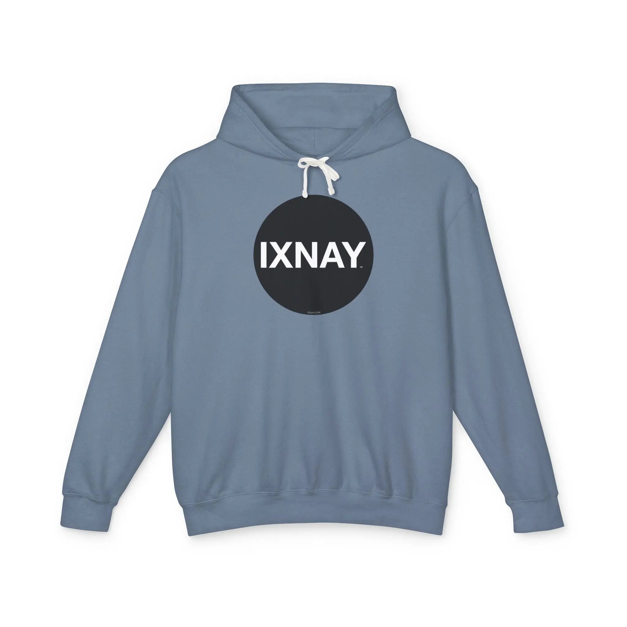 Women's lightweight slate blue hoodie with original IXNAY circular black logo in 100% cotton.