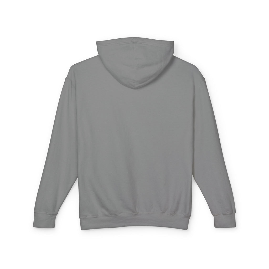 A product shot of the back of a gray hoodie.