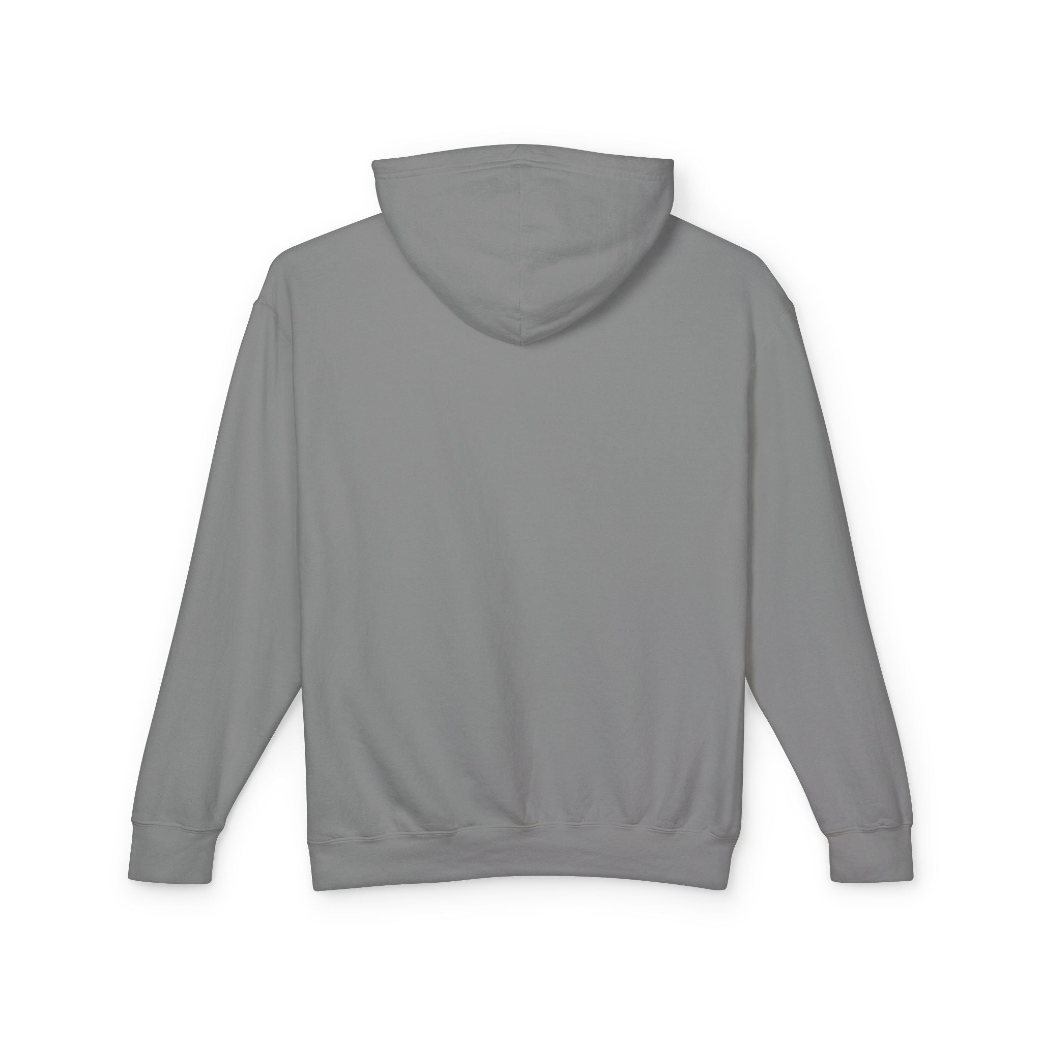 A product shot of the back of a gray hoodie.