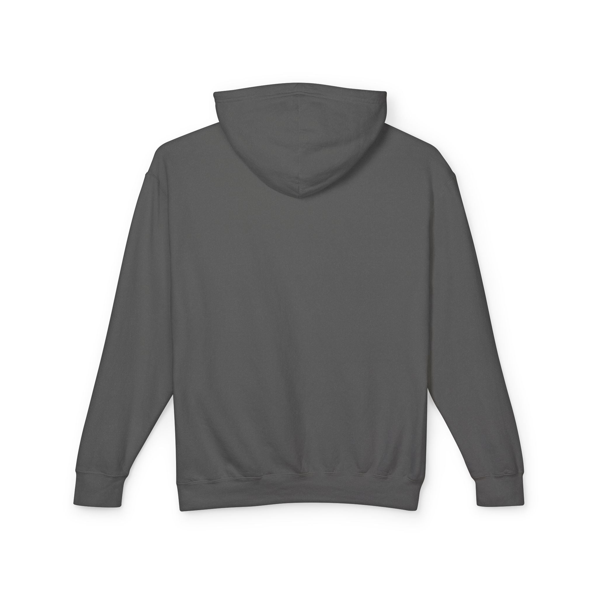 A product shot of the back of a gray hoodie in peppercorn gray.