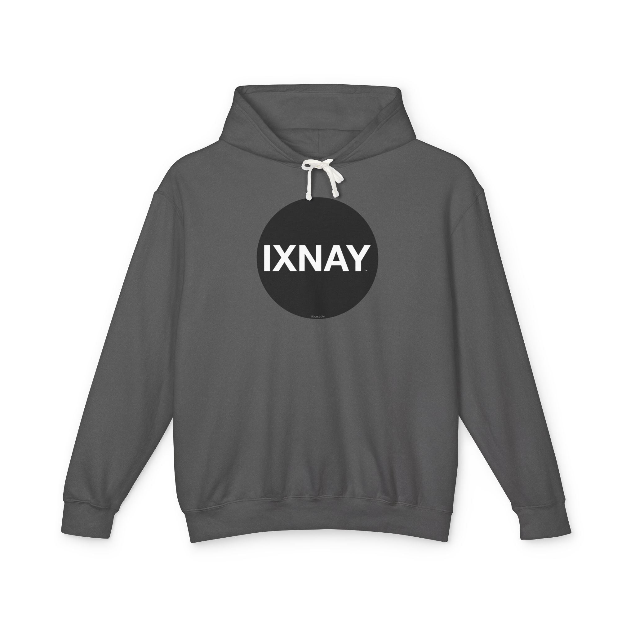 A product shot of a gray hoodie in peppercorn gray, with a circular black logo that has the word 'IXNAY' in white.