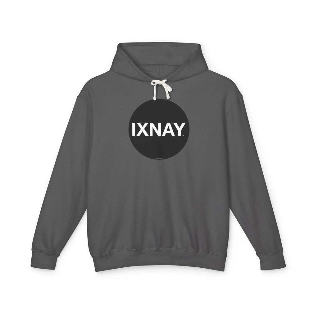 Women's lightweight dark gray hoodie with original IXNAY circular black logo in 100% cotton.