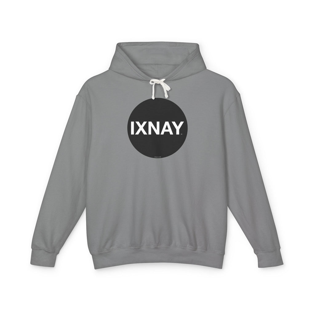 A product shot of a gray hoodie, with a circular black logo that has the word 'IXNAY' in white.
