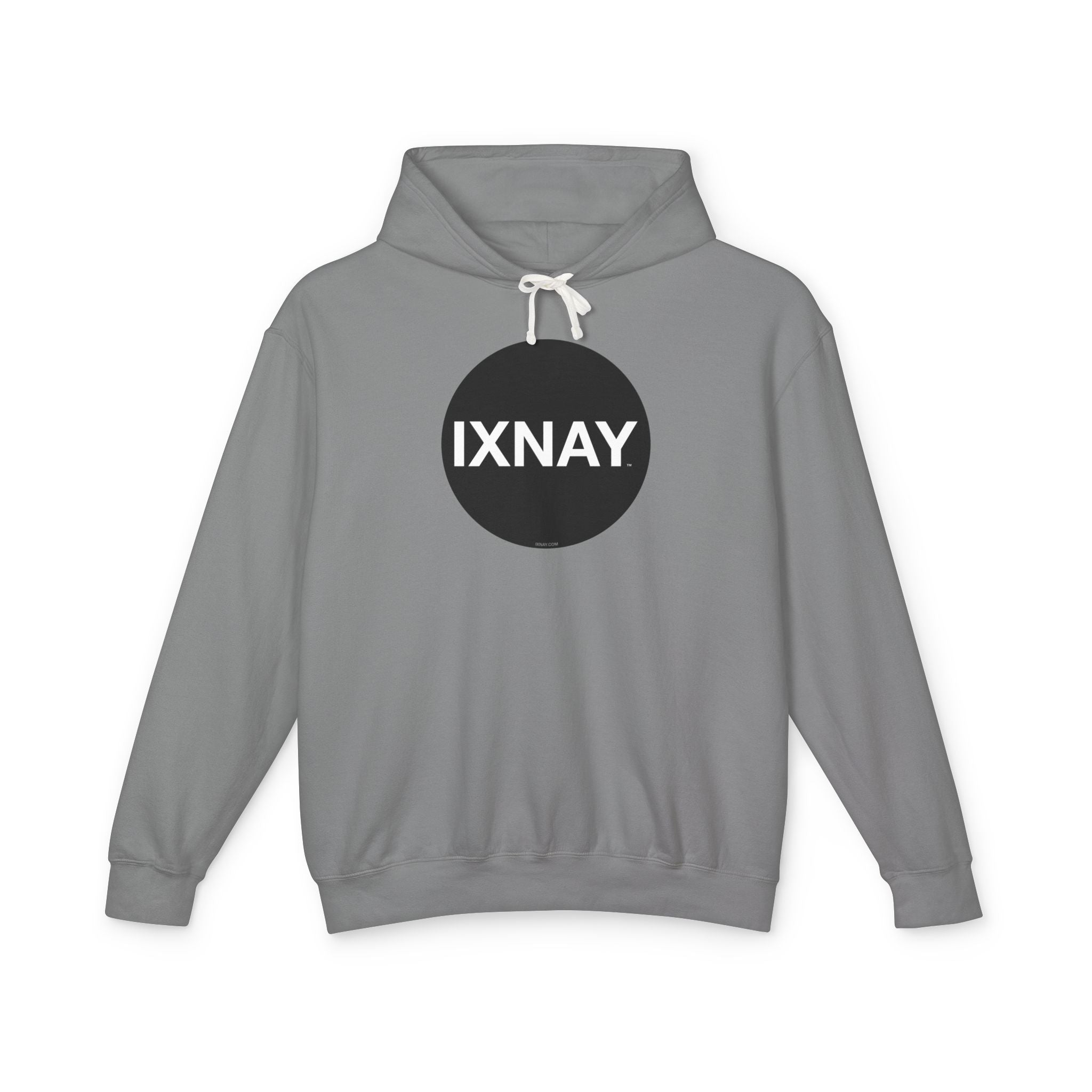 A product shot of a gray hoodie, with a circular black logo that has the word 'IXNAY' in white.