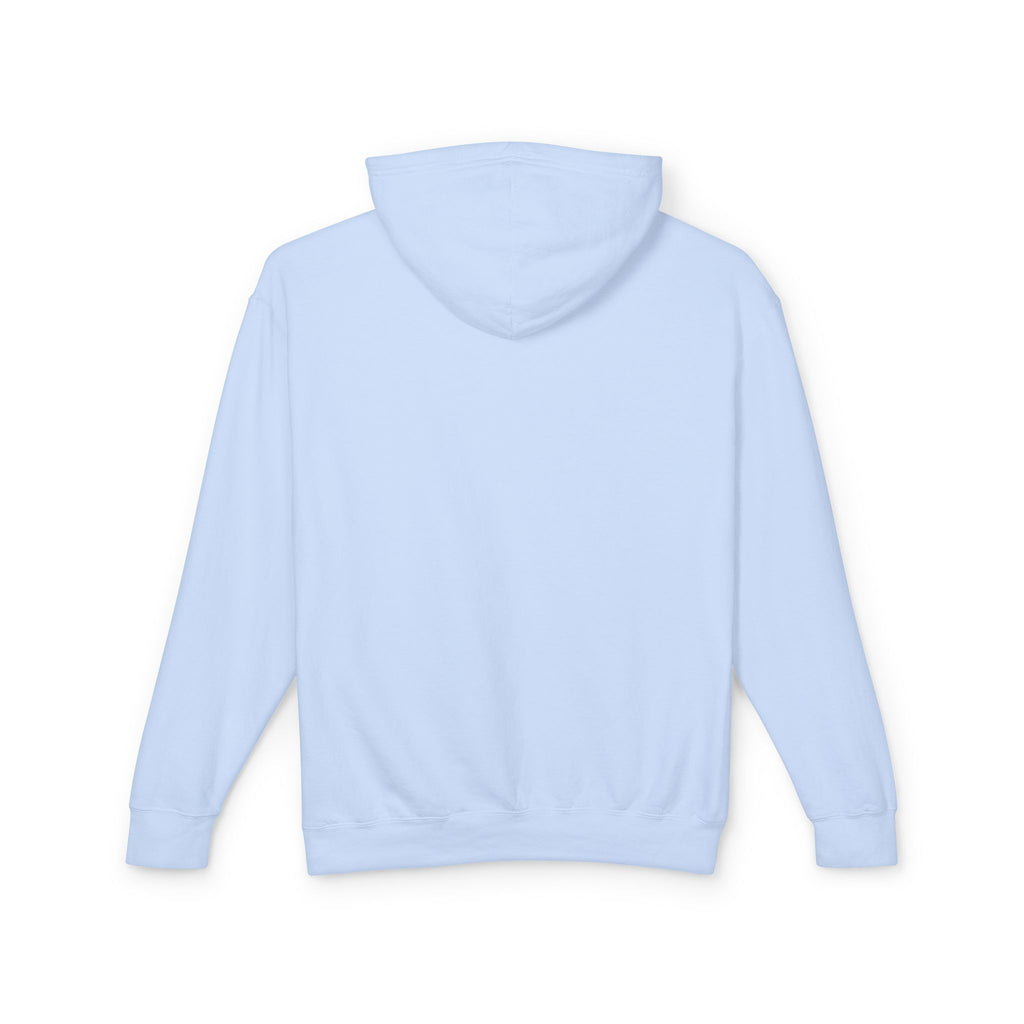A product shot of the back of a light blue hoodie in Hydrangea Blue.