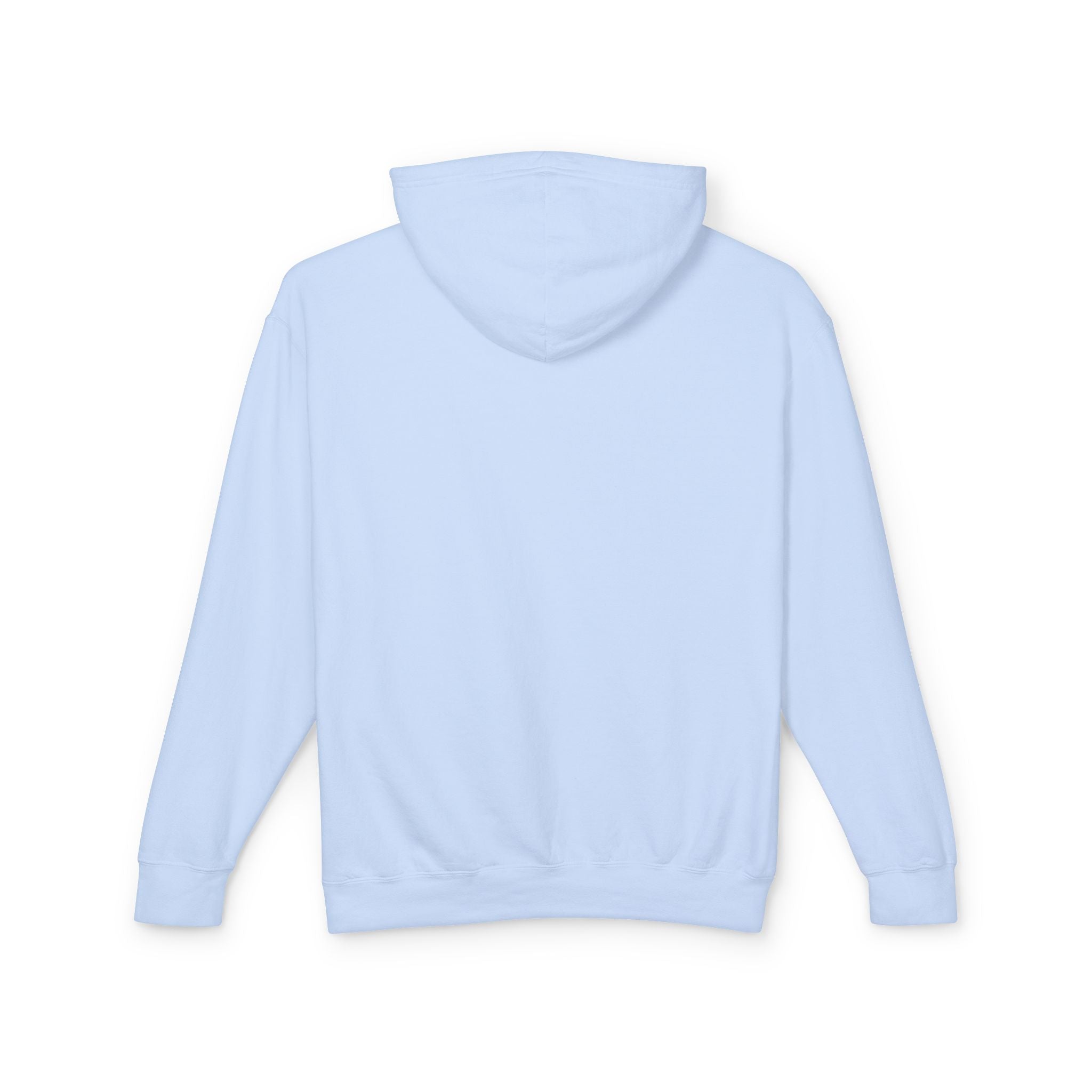 A product shot of the back of a light blue hoodie in Hydrangea Blue.