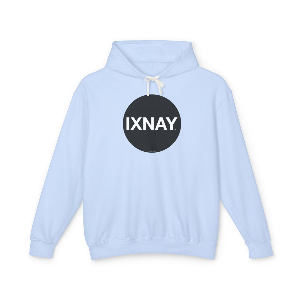 A product shot of a light blue hoodie in Hydrangea Blue, with a circular black logo that has the word 'IXNAY' in white.