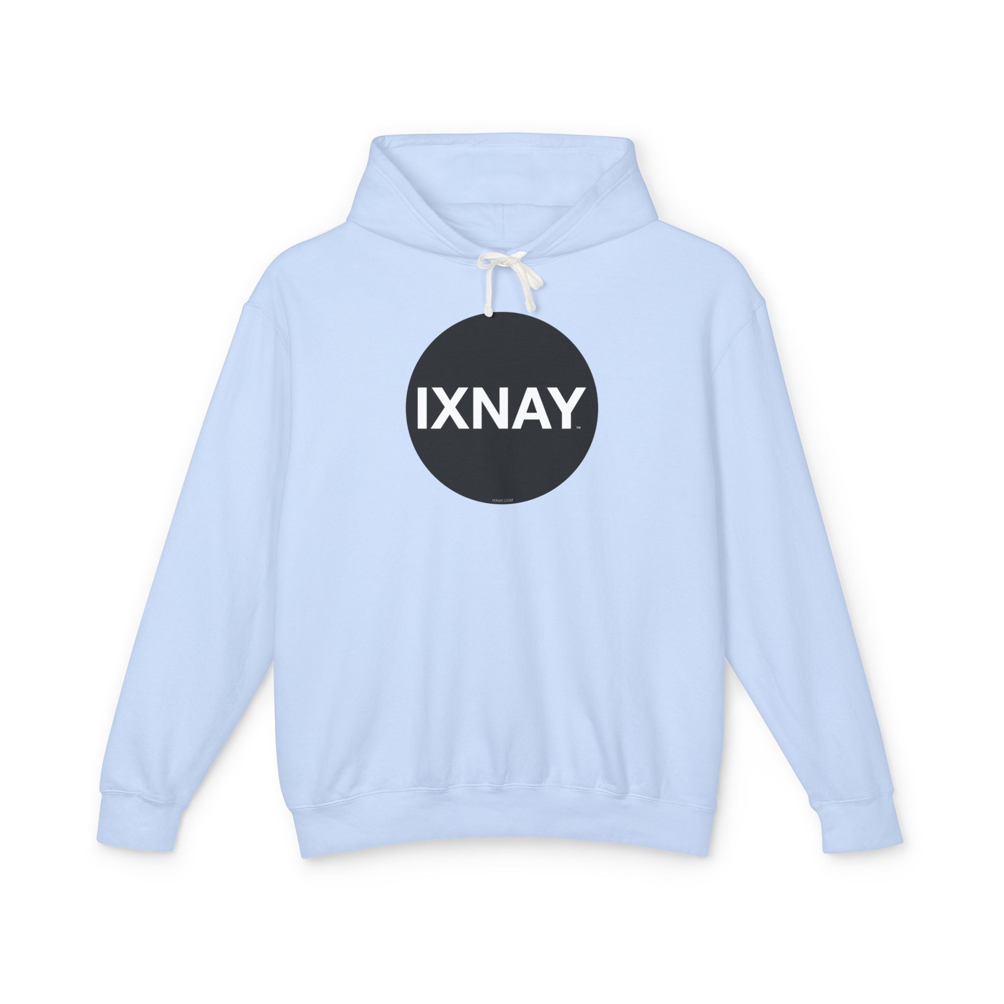 A product shot of a light blue hoodie in Hydrangea Blue, with a circular black logo that has the word 'IXNAY' in white.