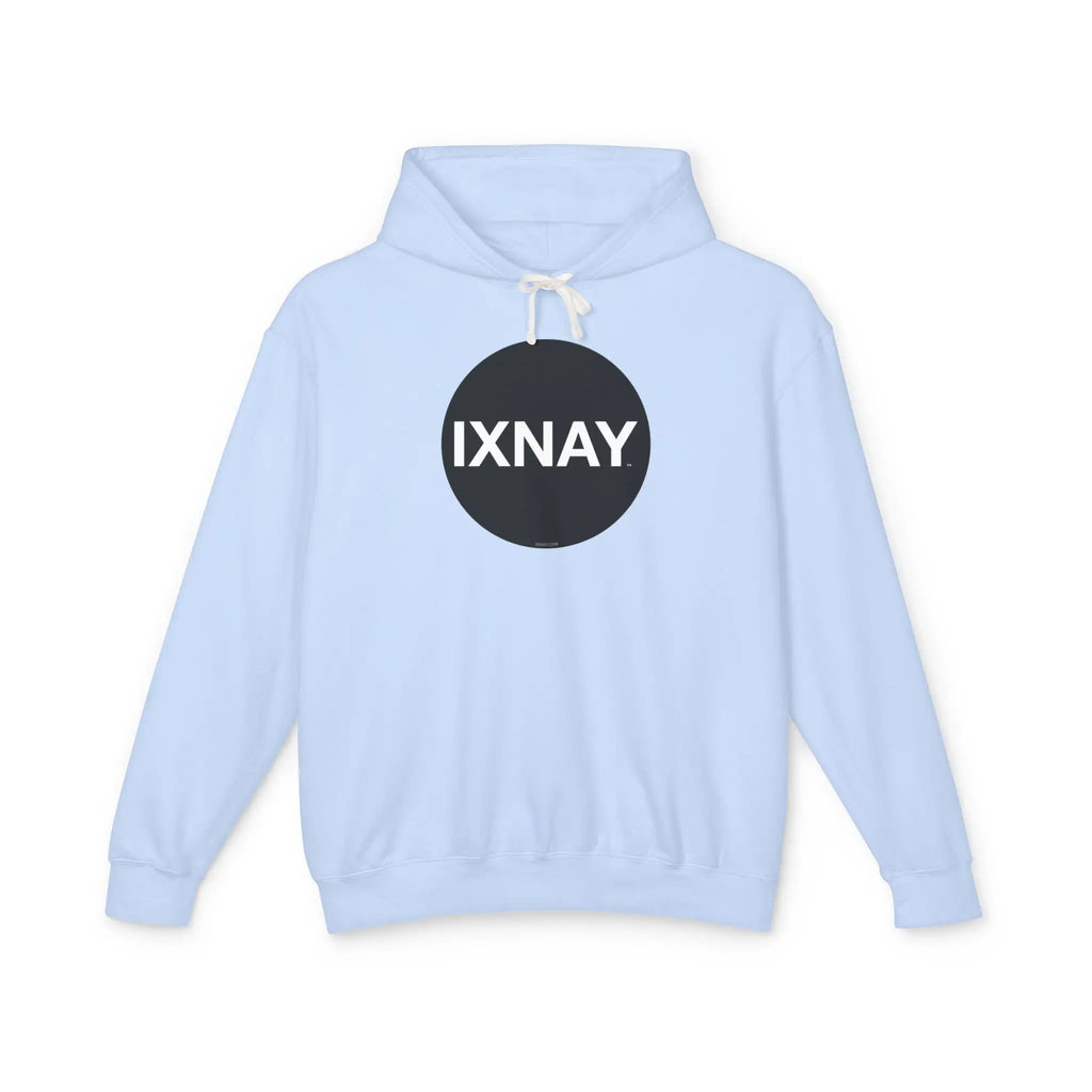 Women's lightweight light blue hoodie with original IXNAY circular black logo in 100% cotton.