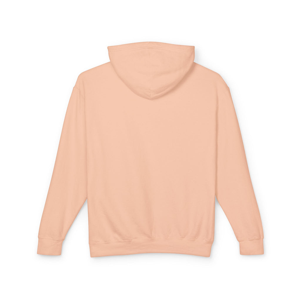 A product shot of the back of a pink hoodie in peachy.