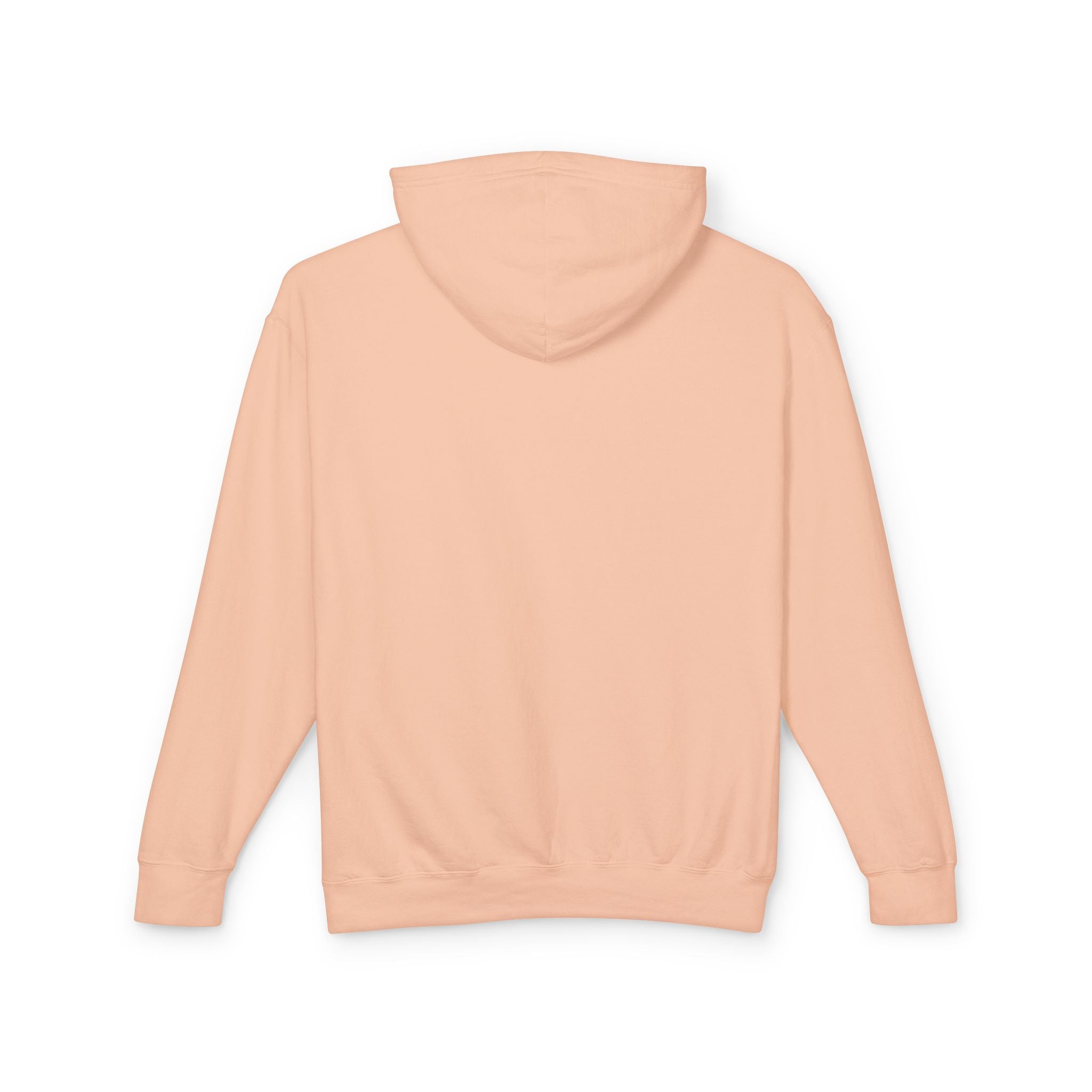 A product shot of the back of a pink hoodie in peachy.