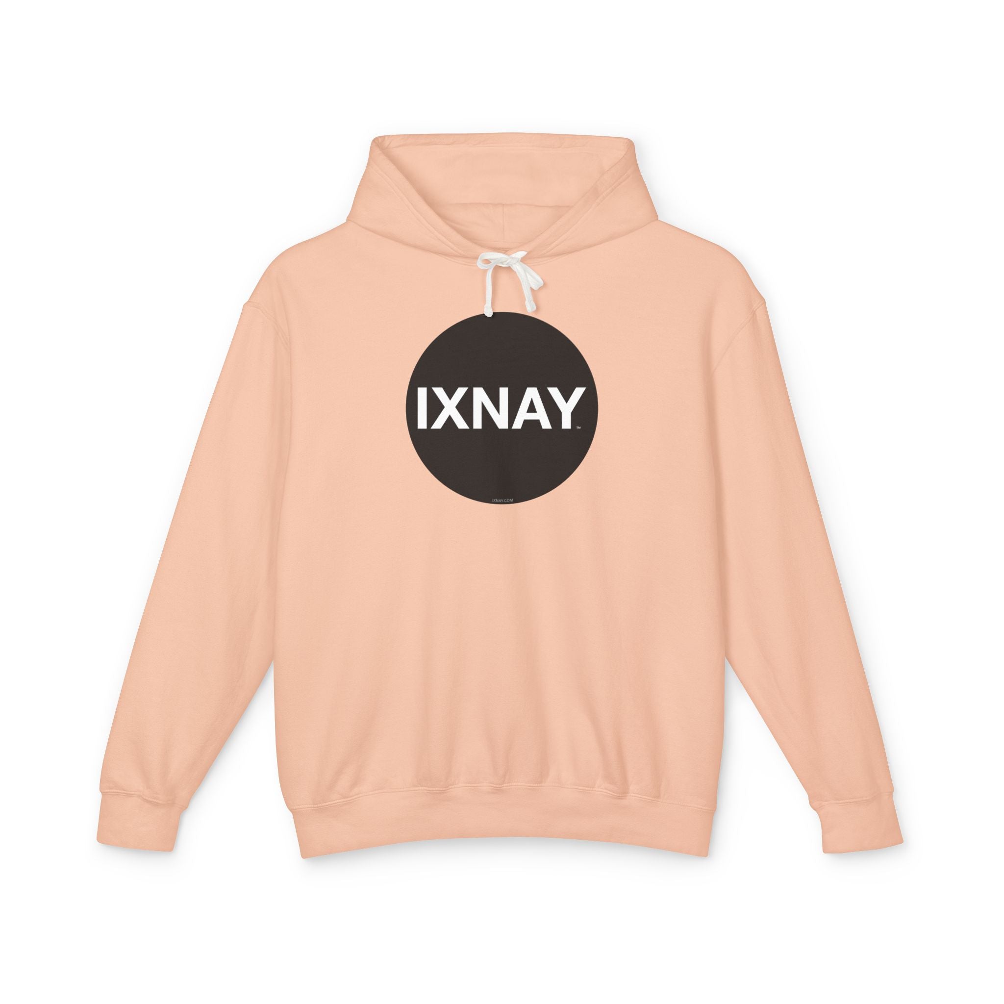 A product shot of a pink hoodie in peachy, with a circular black logo that has the word 'IXNAY' in white.