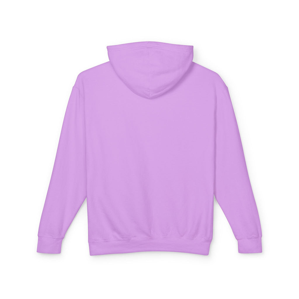 A product shot of the back of a pink hoodie in violet pink.