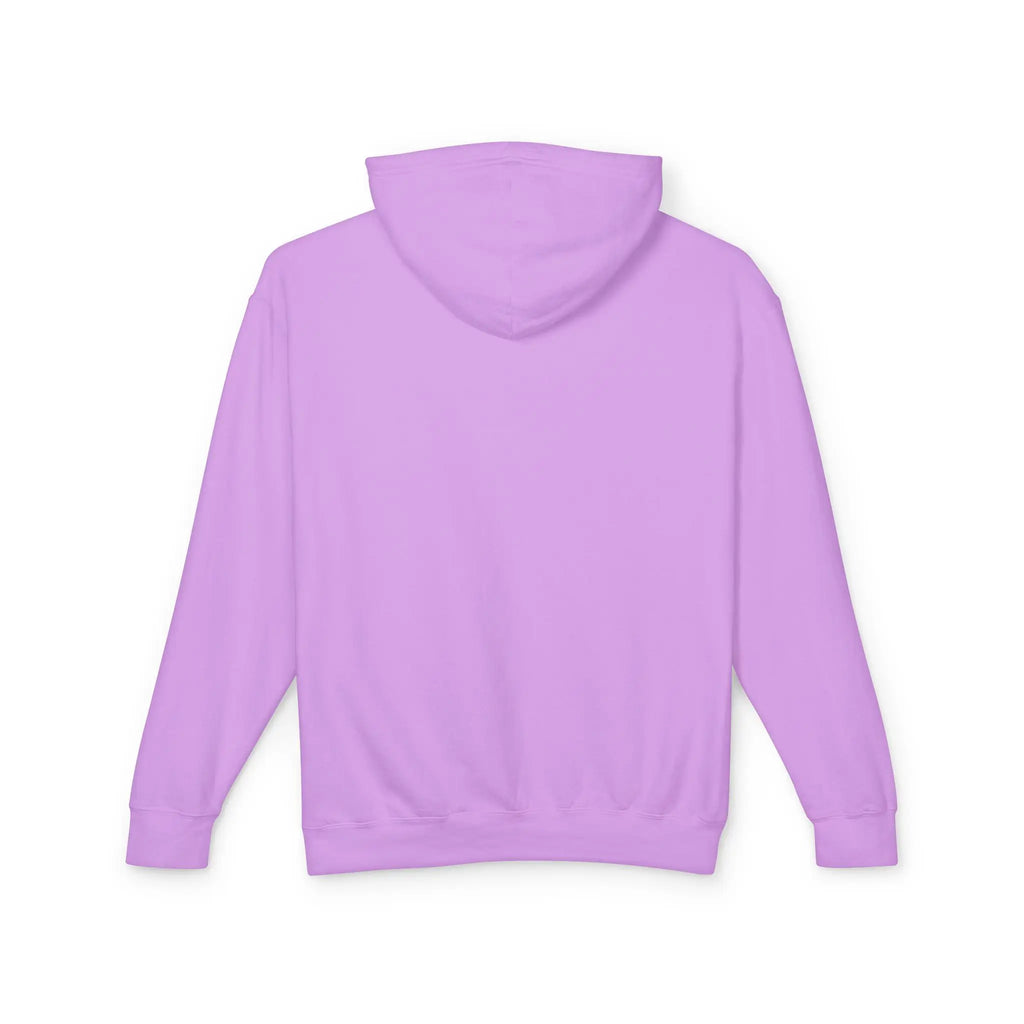 Women's lightweight pink hoodie shown from the back 100% cotton.